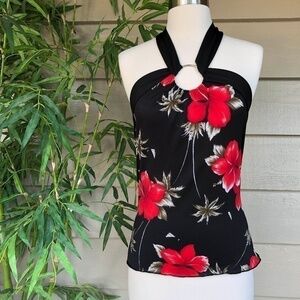 🎉Charlotte Russe Black w/ Red Flowers Halter Top